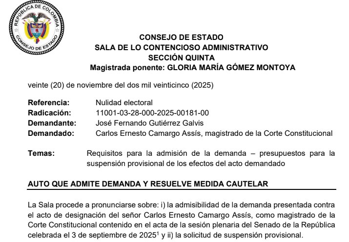 Demanda de nulidad electoral contra la elección de Carlos Camargo como magistrado de la Corte Constitucional