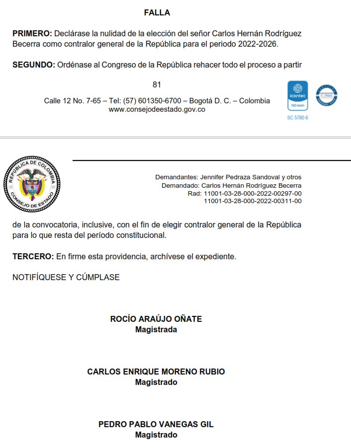 Parte resolutiva del fallo de nulidad electoral del Contralor General